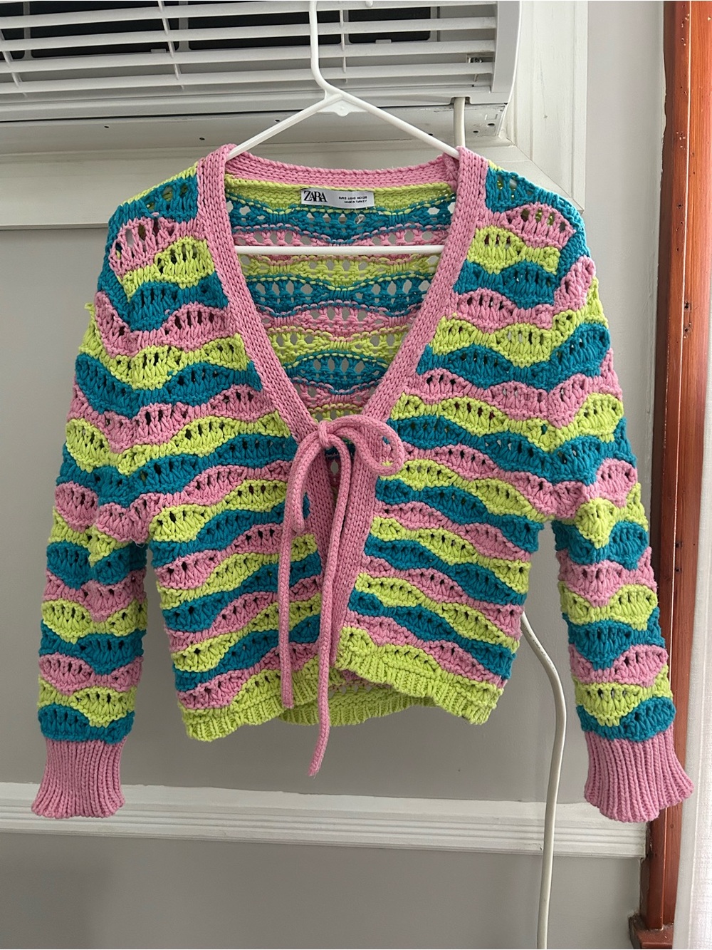 Zara Pink, Teal & Lime Crochet Tie-Front Cardigan